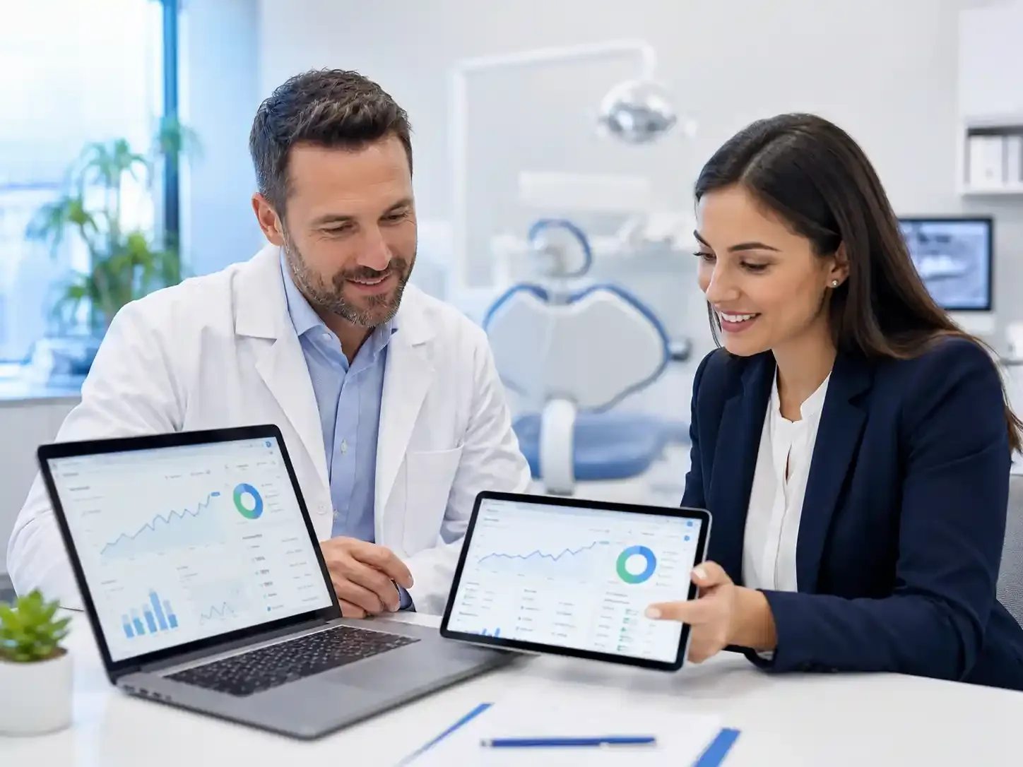 Dental SEO company reviewing dental SEO services performance dashboard with a dental clinic