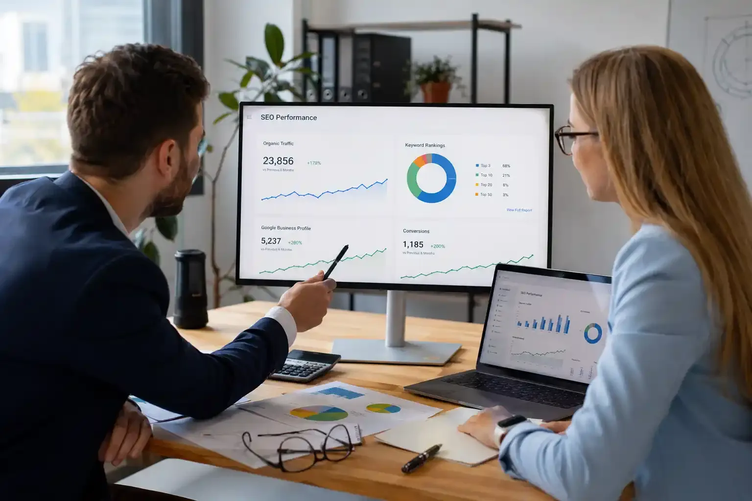 Dental SEO company reviewing SEO performance results and organic growth dashboard