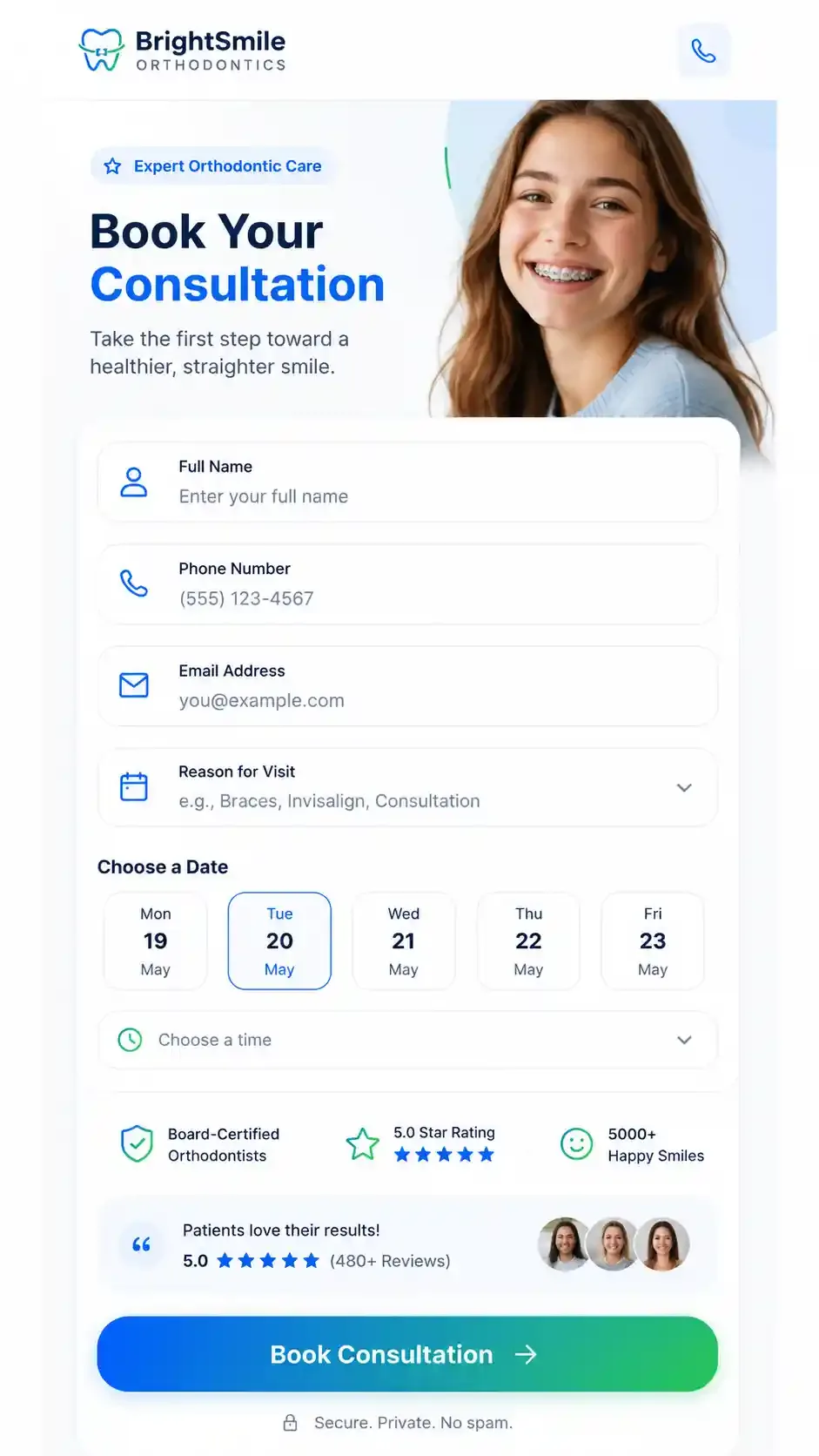 Mobile orthodontist consultation booking page