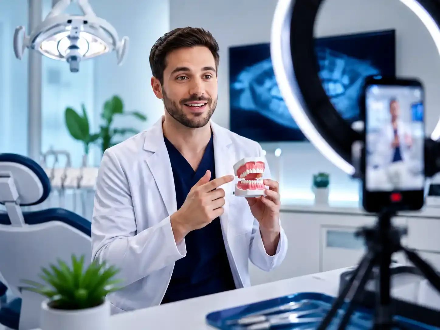 Dentist recording educational social media video